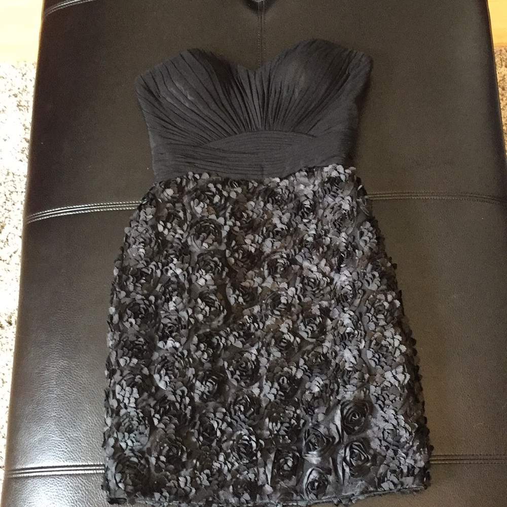 Black cocktail ruched textured rosettes strapless